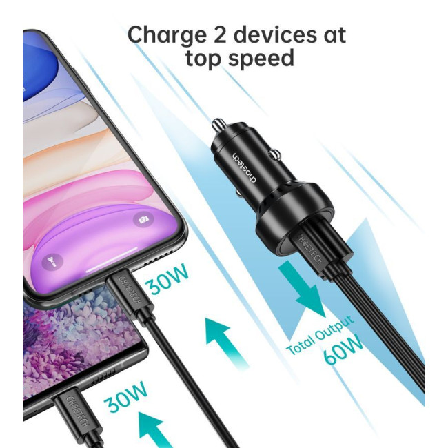 Автомобільний зарядний пристрій, USB-C+USB-A, 60Вт, QC3.0/PD/PPS, чорний