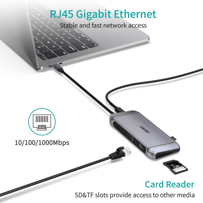 Док станція USB-C 9-в-1 (HDMI/VGA/картридер/LAN/USB-A), алюміній
