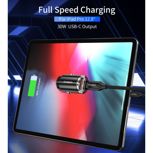Автомобільний зарядний пристрій, USB-A/USB-C, 30Вт, QC3.0/PD, чорний