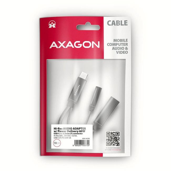 Зарядний та аудіо адаптер AXAGON ADA-HCPD USB-C to Mini-Jack 3.5 mm HI-RES DAC and USB-C 60W, чорний