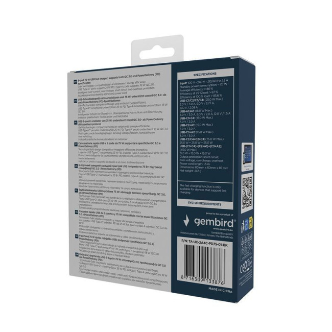 Мережевий ЗП, 2xUSB-A (QC3.0 18W)+4xType-C (PD 25W), чорний