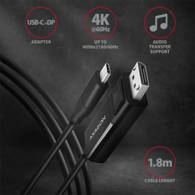 Кабель AXAGON RVC-DPC USB-C-DisplayPort, 1.8m, 4K/60Hz, чорний
