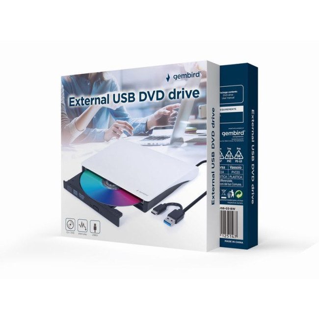 Зовнішній DVD-привід, USB 3.0 (+ Type-C), бiлий