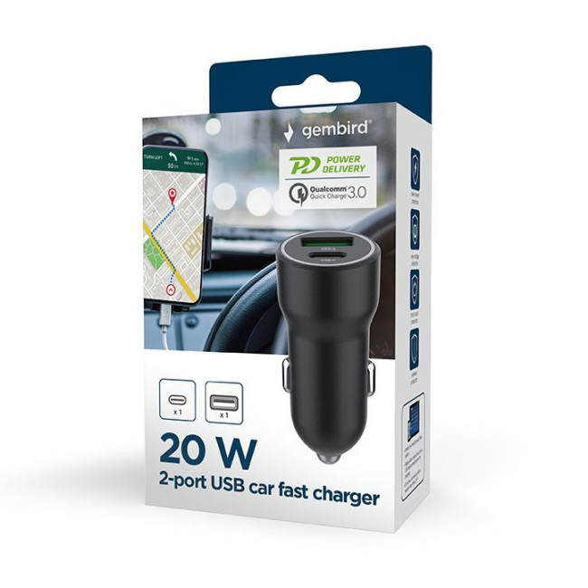 Автомобільний зарядний пристрій, 1xUSB-A (18W QC3.0)+ 1xUSB-C (20W PD), чорний