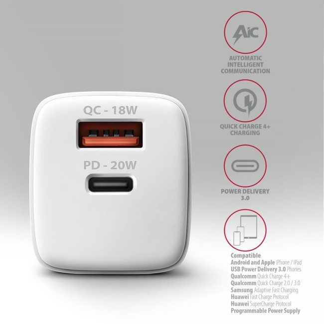 Мережевий зарядний пристрій AXAGON ACU-PQ20W, QC3.0/AFC/FCP + PD type-C, 20W, Білий