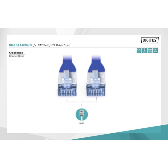 Патч-корд CAT 5e U-UTP, Cu, PVC AWG 26/7, довжина 3 м, колір синій DK-1511-030/B DIGITUS by ASSMANN