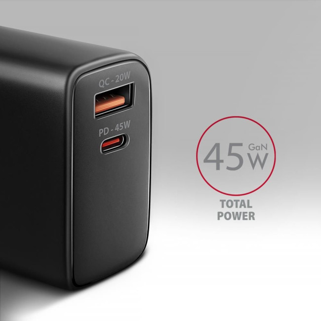 Мережевий зарядний пристрій AXAGON ACU-PQ45, QC3.0,4.0/AFC/FCP/PPS/Apple + PD type-C, 45W, Чорний