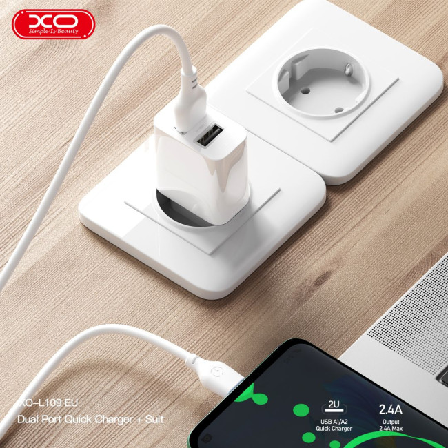 Мережевий зарядний пристрій XO L109 - 12W Dual port USB-A White
