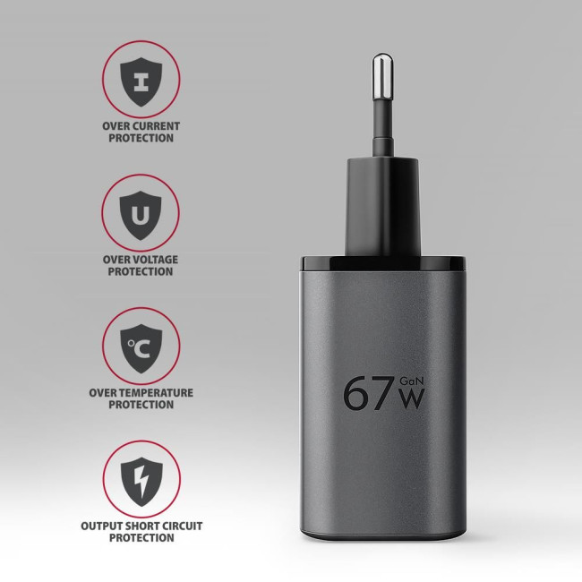 Мережевий зарядний пристрій з дисплеєм AXAGON ACU-PQ67D, 2x port (USB + USB-C), PD3.0/QC4+/PPS/Apple, 67W, сірий