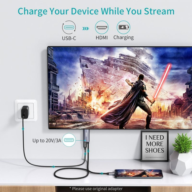 Кабель USB-C на HDMI, 4K 60 Гц, вхід живлення PD, 1.8 м