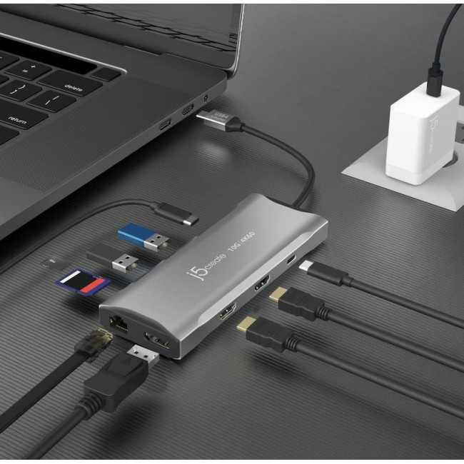 Мультиадаптер USB-C 10Gbps, 9-в-1 (хаб/HDMI/DP/PD/LAN/картридер), сірий