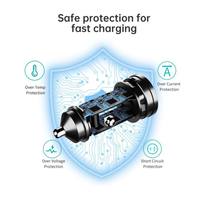 Автомобільний зарядний пристрій, USB-C+USB-A, 60Вт, QC3.0/PD/PPS, чорний