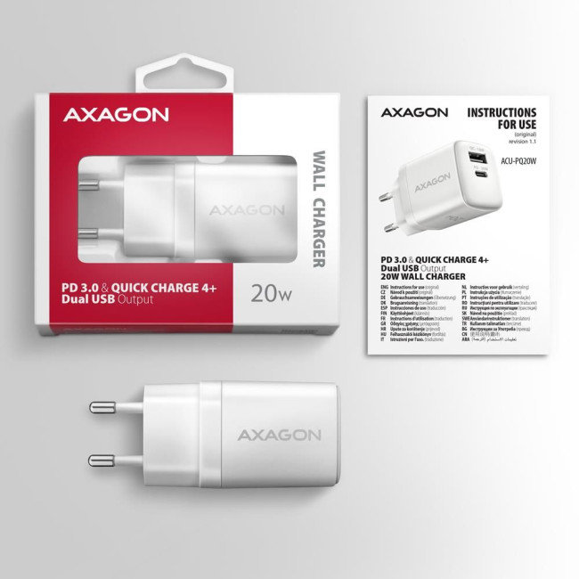 Мережевий зарядний пристрій AXAGON ACU-PQ20W, QC3.0/AFC/FCP + PD type-C, 20W, Білий