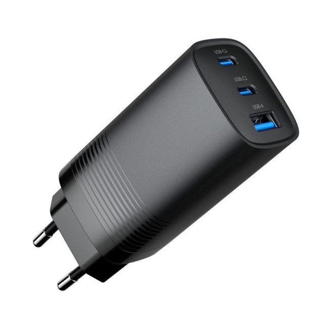 Мережевий ЗП, 1xUSB-A (QC3.0 27W)+2xType-C (PD 65W), чорний