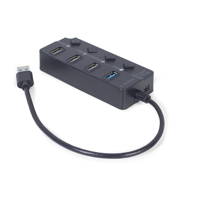 Хаб на 4 порти (1xUSB3.1 + 3xUSB2.0), з вимикачами, пластик, чорний