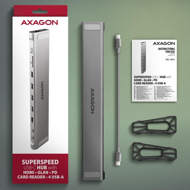 Хаб концентратор AXAGON HMC-10HLS USB-C 5Гбіт/с 9in1 hub, сірий