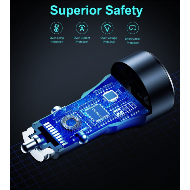 Автомобільний зарядний пристрій, USB-A/USB-C, 63Вт, QC3.0/PD/PPS, чорний