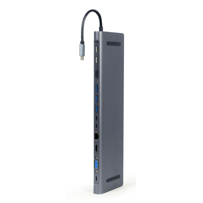 Док станція USB-C 9-в-1 (USB-хаб + HDMI/VGA/PD/картридер/LAN/3.5-мм аудіо), сірий