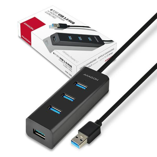 Хаб AXAGON HUE-S2BL USB3.0 CHARGING hub, 1.2м кабель, MicroUSB зарядка, Чорний