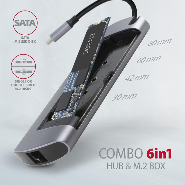 Хаб концентратор AXAGON HMC-7HX2 USB-C 5Гбіт/с DUAL 4K DISPLAY 7in1 hub, Сірий