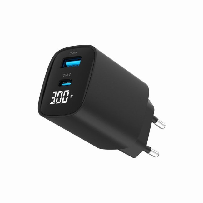 Мережевий ЗП, 1 USB-A (QC3.0 18W) + 1 Type-C (PD20W), LCD, чорний