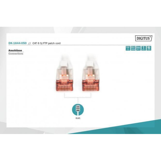 Патч-корд DIGITUS CAT 6 S-FTP, 5м, AWG 27/7, LSZH, сірий DK-1644-050