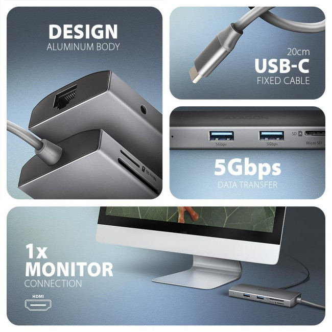 Хаб концентратор AXAGON HMC-8HLSA USB-C 5Гбіт/с 9in1 hub, Сірий