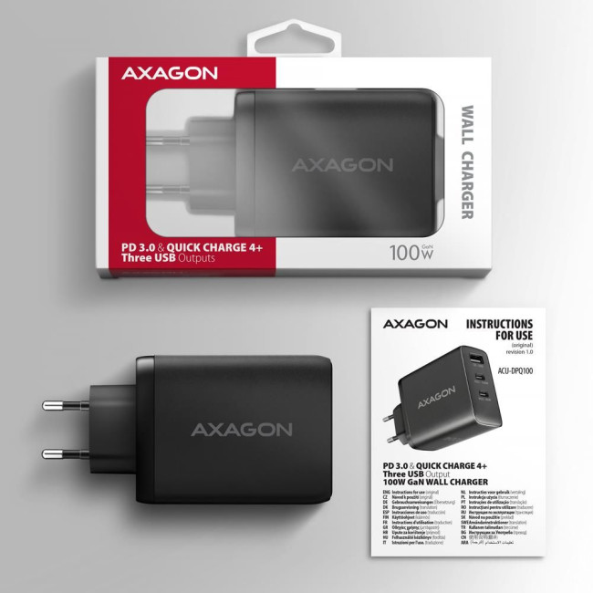 Мережевий зарядний пристрій AXAGON ACU-DPQ100, 3x port (USB + dual USB-C), PD3.0/QC4+/PPS/Apple, 100W, Чорний