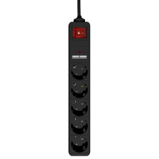 Подовжувач мережі, чорний, 1.5 м кабель, 5 розеток, USB зарядка 2 А