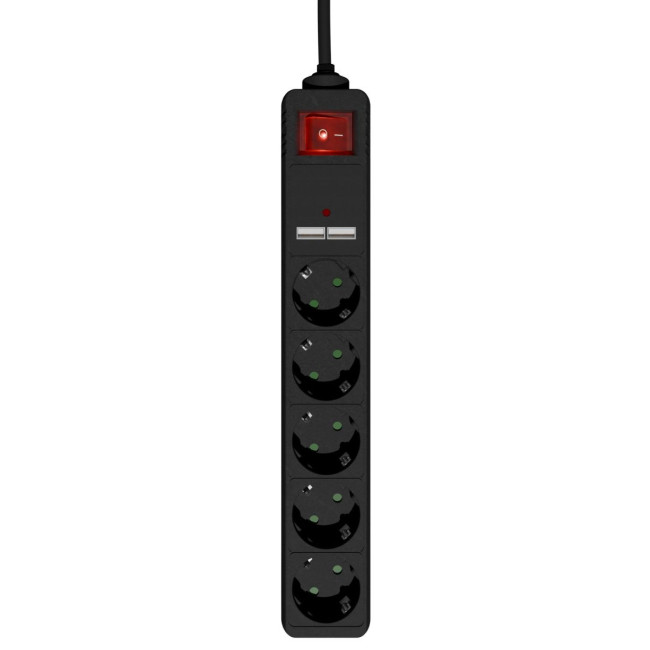 Подовжувач мережі, чорний, 1.5 м кабель, 5 розеток, USB зарядка 2 А