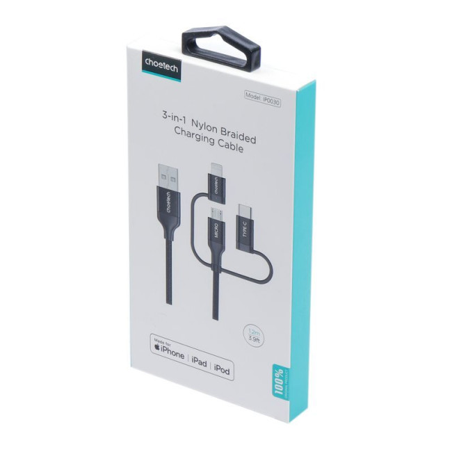 Кабель USB 2.0, MFI, AM-тато/Lightning/Micro/Type-C USB, 1.2 м