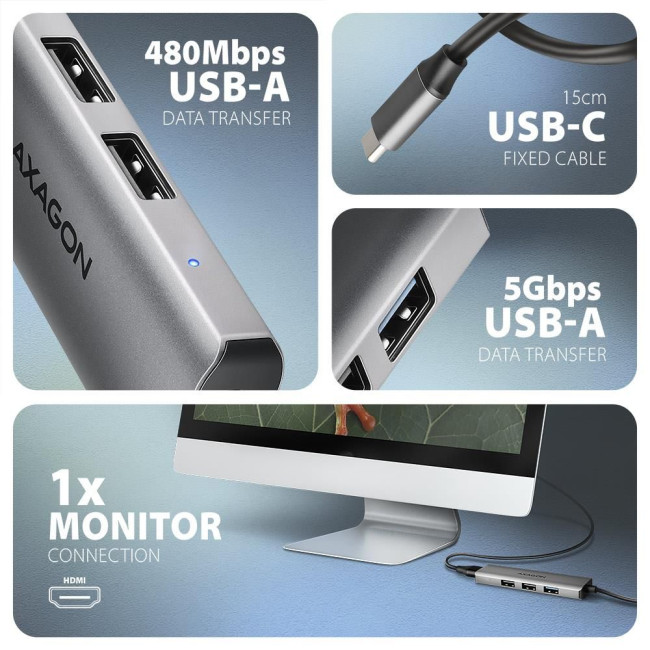 Хаб концентратор AXAGON HMC-H3A USB-C 5Гбіт/с STARTER 4in1 hub, Сірий