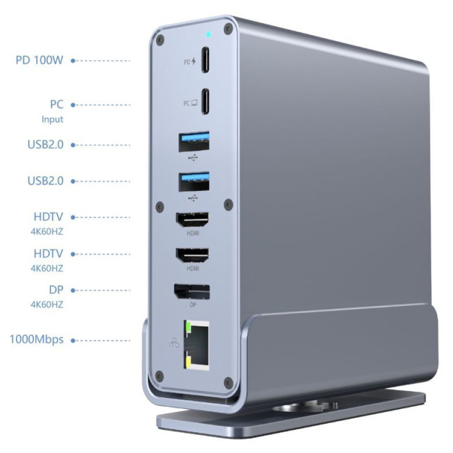 Док станція USB-C 15-в-1 (USB-хаб + HDMI/DP/PD/картридер/LAN/3.5-мм аудіо), сірий