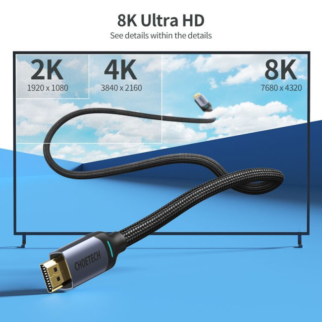 Кабель у коробці HDMI V.2.1, 8К 60 Гц, HDR10, HLG, 48Gbps, YUV 4:4:4, позолочені конектори, 2 м