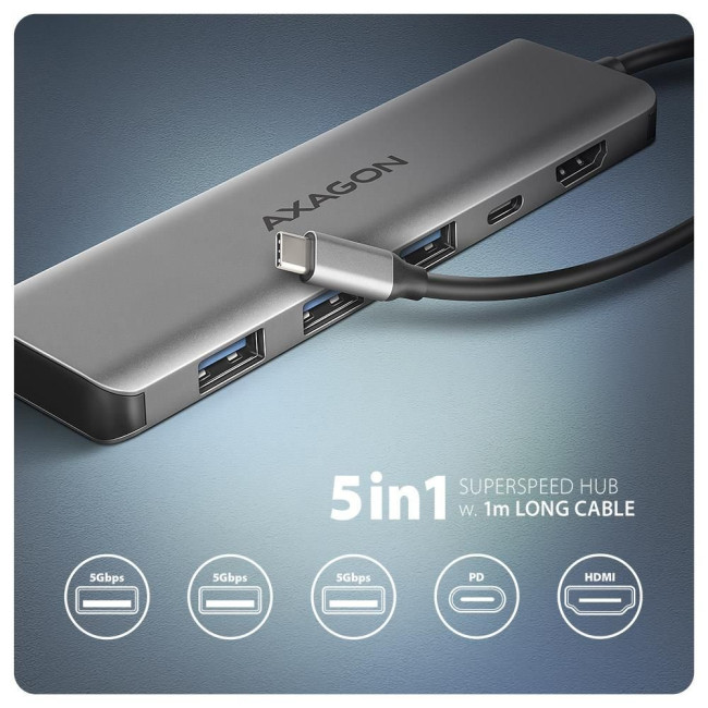 Хаб концентратор AXAGON HMC-5HL USB-C 5Гбіт/с SuperSpeed 5in1 hub, Сірий