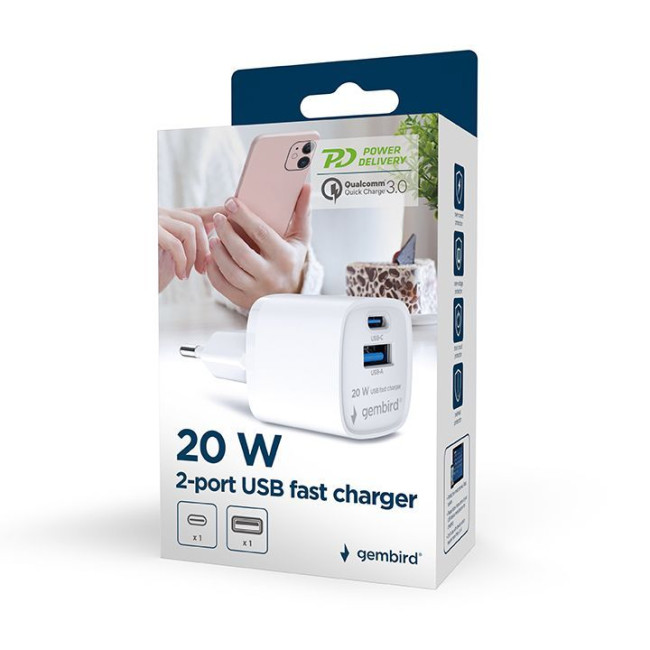Мережевий ЗП, 1 USB-A + 1 Type-C (PD20Вт + QC3.0 18Вт), білий