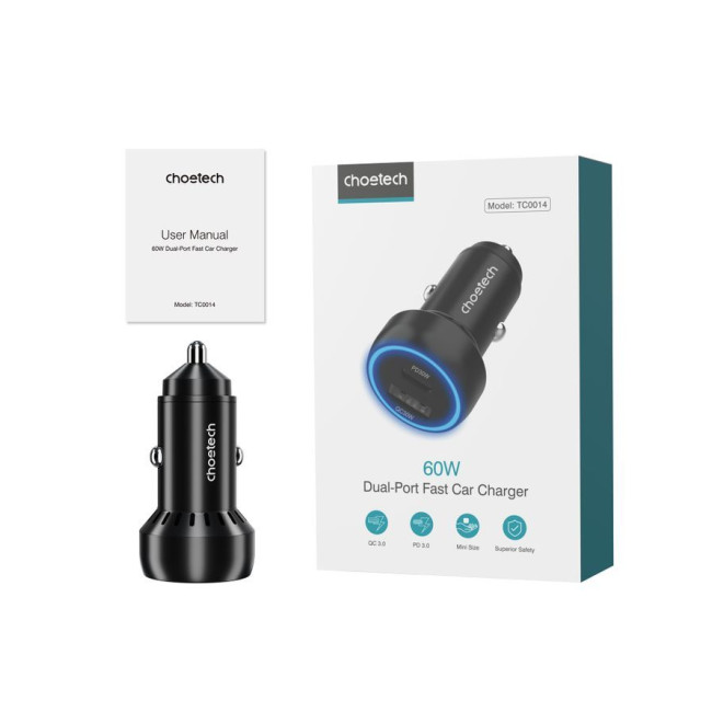 Автомобільний зарядний пристрій, USB-C+USB-A, 60Вт, QC3.0/PD/PPS, чорний
