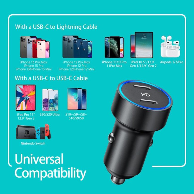Автомобільний зарядний пристрій, 2 USB-C, 40Вт, PD, чорний