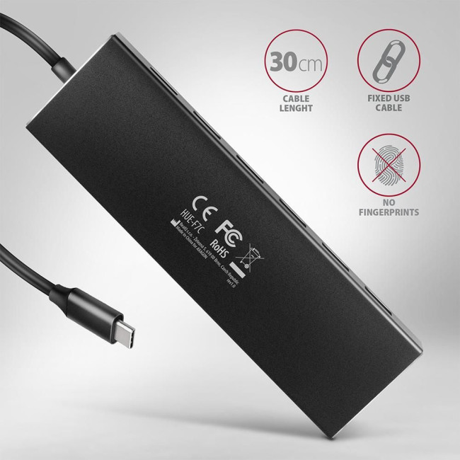 Хаб AXAGON HUE-F7C SuperSpeed USB-C FLAT CHARGING hub, кабель 30см USB-C, Чорний