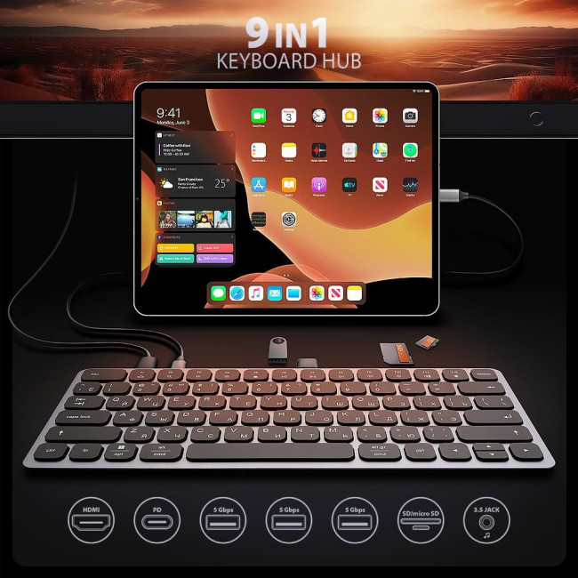 Клавіатура дротова AXAGON HMC-KB USB-C 5Гбіт/с 9в1 hub, EN/UA, Сірий/Чорний