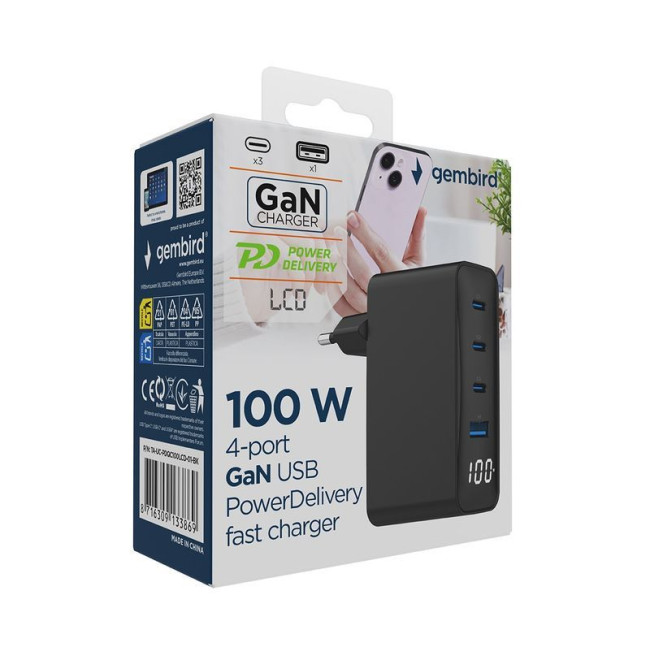 Мережевий ЗП, 1xUSB-A (QC3.0 30W)+3xType-C (PD 100W), чорний