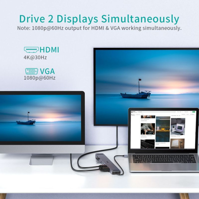 Док станція USB-C 11-в-1 (HDMI/VGA/LAN/картридер/USB-A/USB-C/Audio), алюміній