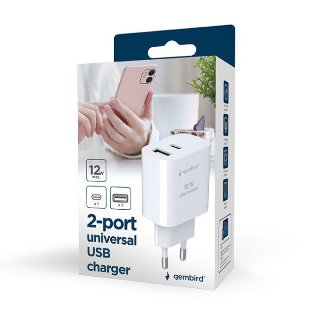 Мережевий ЗП, 1xUSB-A+1xUSB-C 5V/2.4A (12W), чорний