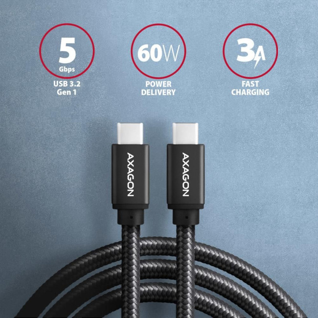 Кабель AXAGON BUCM3-CM10AB USB-C-USB-C 3.2 Gen 1, 2m, PD 60W, 3A, чорний