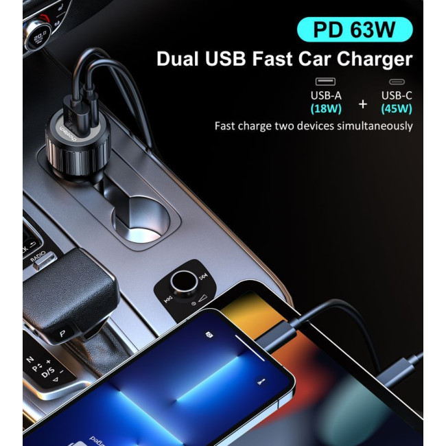 Автомобільний зарядний пристрій, USB-A/USB-C, 63Вт, QC3.0/PD/PPS, чорний