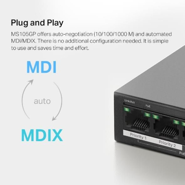 5-портовий настільний гігабітний комутатор з 4 портами РоЕ, MS105GP MERCUSYS