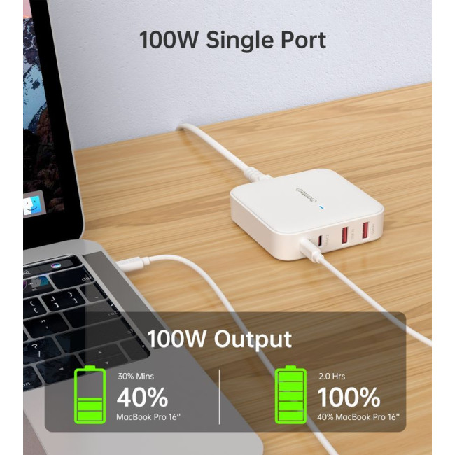Мережевий зарядний пристрій, GaN, 2 USB-A / 2 USB-C, 100Вт, QC3.0/PD/PPS