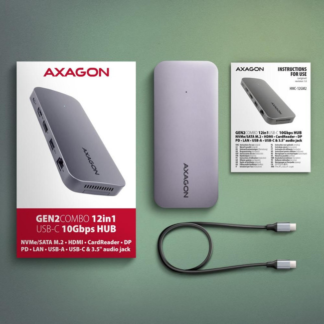 Хаб концентратор AXAGON HMC-12GM2 USB-C 10 Гбіт/с GEN2COMBO 12-в-1 PD 100W, Сірий
