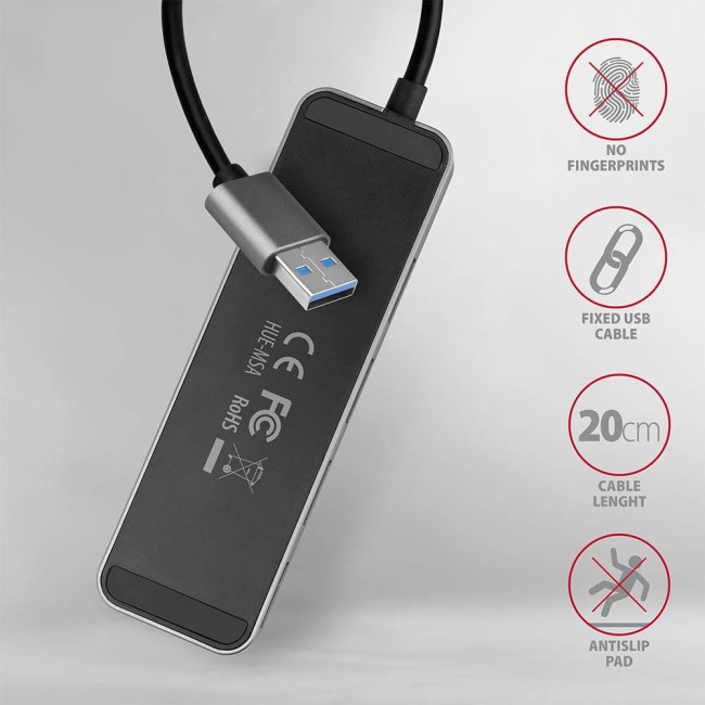 Хаб AXAGON HUE-MSA SuperSpeed USB-A SWITCH hub w. функція зарядки, USB-A кабель 20см, Сірий