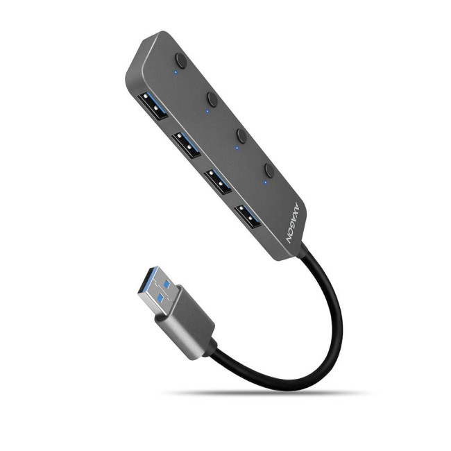 Хаб AXAGON HUE-MSA SuperSpeed USB-A SWITCH hub w. функція зарядки, USB-A кабель 20см, Сірий